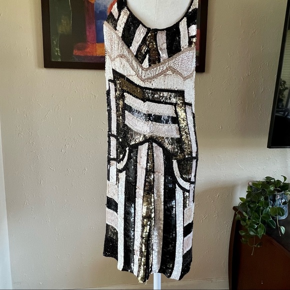 Parker Black Gold White Sequin Cocktail Dress Size Medium - Picture 6 of 11